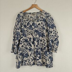 FLAX 3/4 Sleeve Linen Blue Floral Tunic Blouse Size Medium